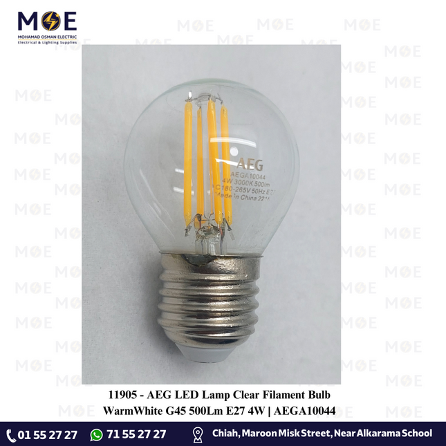 AEG LED Lamp Clear Filament Bulb WarmWhite G45 500Lm E27 4W | AEGA10044 | لمبة ليد برم فيلامنت بول شفاف ورم وايت