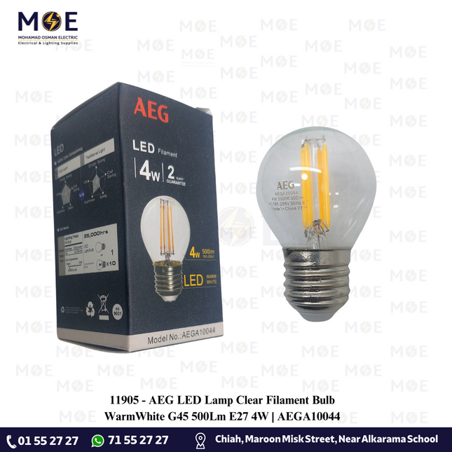 AEG LED Lamp Clear Filament Bulb WarmWhite G45 500Lm E27 4W | AEGA10044 | لمبة ليد برم فيلامنت بول شفاف ورم وايت