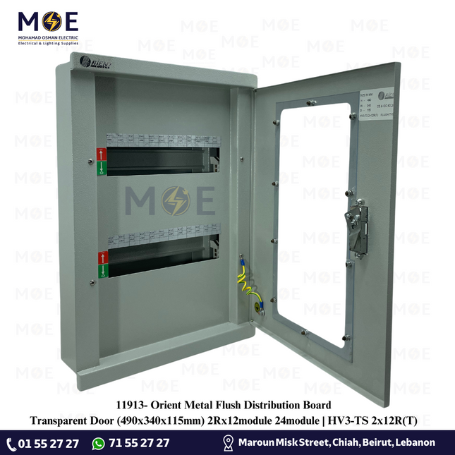 Orient Metal Flush Distribution Board Transparent Door (490x340x115) 2Rx12mod. 24mod. | HV3-TS 2x12R(T)