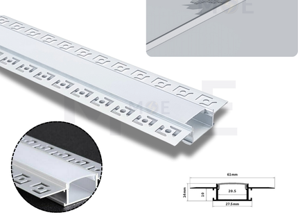 Cuperlight Recessed Trimless LED Aluminum Profile Silver 61x14mm 1mt | 6114 | بروفايل ليد المنيوم مخفي