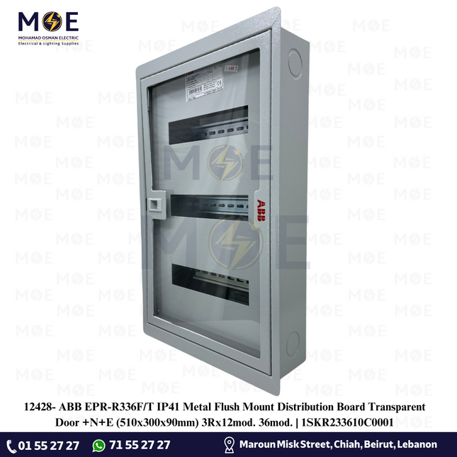 ABB EPR-R336F/T IP41 Metal Flush Mount Distribution Board Transparent Door +N+E (510x300x90mm) 3Rx12mod. 36mod. | 1SKR233610C0001 | تابلو حديد مخفي غطا شفاف
