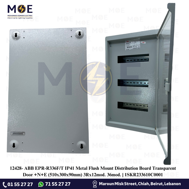 ABB EPR-R336F/T IP41 Metal Flush Mount Distribution Board Transparent Door +N+E (510x300x90mm) 3Rx12mod. 36mod. | 1SKR233610C0001 | تابلو حديد مخفي غطا شفاف