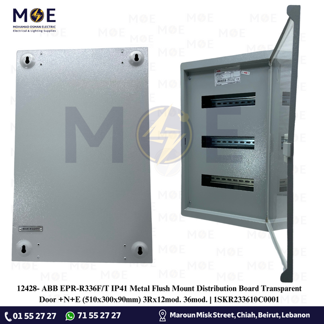 ABB EPR-R336F/T IP41 Metal Flush Mount Distribution Board Transparent Door +N+E (510x300x90mm) 3Rx12mod. 36mod. | 1SKR233610C0001