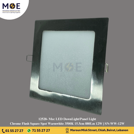 Mec LED DownLight/Panel Light Chrome Flush Square Spot Warmwhite 3500K 880Lm 15.5cm 12W