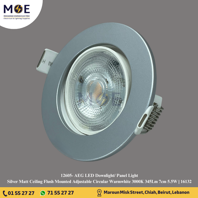 AEG LED Downlight/ Panel Light Silver Matt Ceiling Flush Mounted Adjustable Circular Warmwhite 3000K 345Lm 7cm 5.5W | 16132 | سبوت ليد مدور مخفي متحرك فضي ناشف ورم وايت