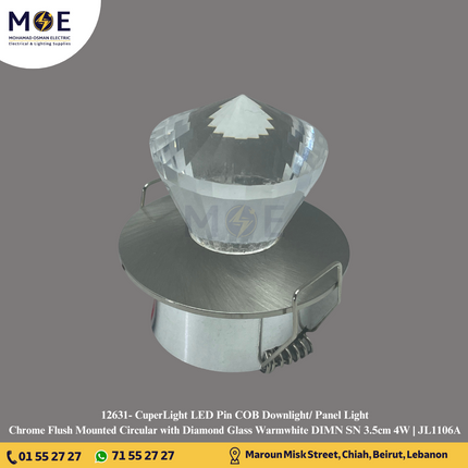 CuperLight LED Pin COB Downlight/ Panel Light Chrome Flush Mounted Circular with Diamond Glass Warmwhite DIMN SN 3.5cm 4W | JL1106A