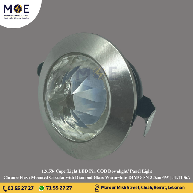 CuperLight LED Pin COB Downlight/ Panel Light Chrome Flush Mounted Circular with Diamond Glass Warmwhite DIMO SN 3.5cm 4W | JL1106A