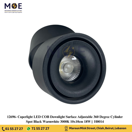 Cuperlight LED COB Downlight Surface Adjustable 360 Degree Cylinder Spot Black Warmwhite 3000K 10x10cm 18W |  H0014