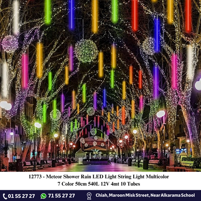 Meteor Shower Rain LED Light String Light Multicolor 7 Color 540L 12V 4mt 10 Tubes | حبل زينة ليد نيزكالوان مع ترانس