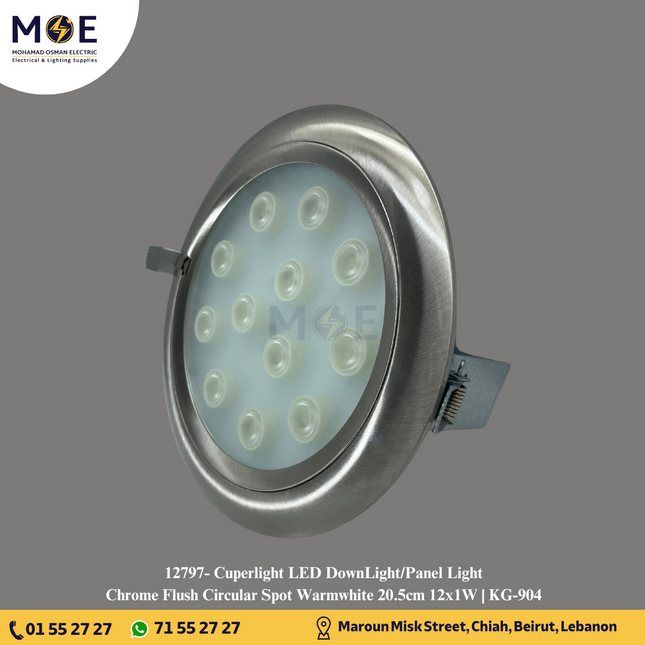 Cuperlight LED DownLight/Panel Light Chrome Flush Circular Spot Warmwhite 20.5cm 12x1W | KG-904