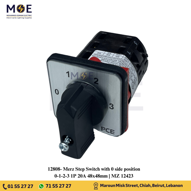 Merz Step Switch with 0 side position 0-1-2-3 1P 20A 48x48mm | MZ 12423 | مفتاح سلفرتور