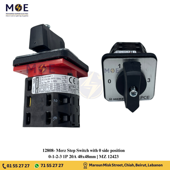 Merz Step Switch with 0 side position 0-1-2-3 1P 20A 48x48mm | MZ 12423 | مفتاح سلفرتور