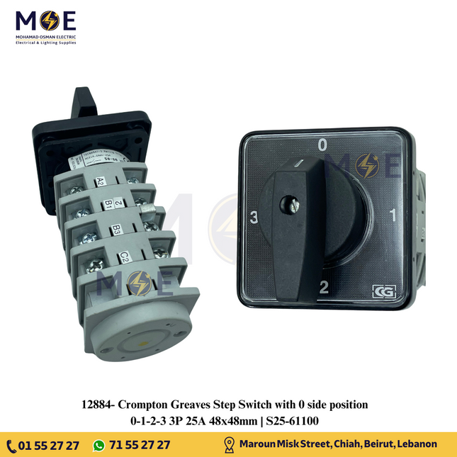 Crompton Greaves Step Switch with 0 side position 0-1-2-3 3P 25A 48x48mm | S25-61100 | مفتاح سلفرتور