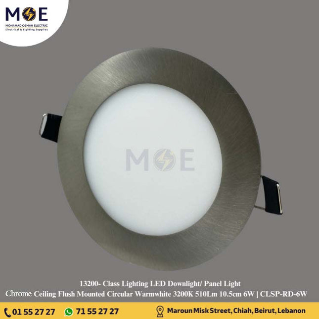 Class Lighting LED Downlight/ Panel Light Chrome Ceiling Flush Mounted Circular Warmwhite 3200K 510Lm 10.5cm 6W | CLSP-RD-6W