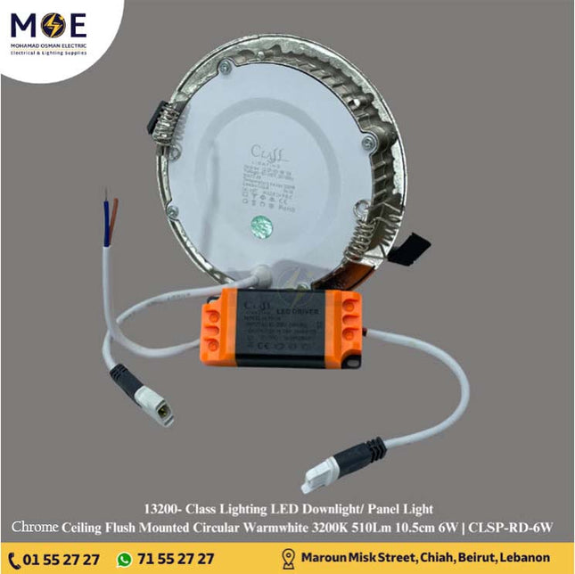 Class Lighting LED Downlight/ Panel Light Chrome Ceiling Flush Mounted Circular Warmwhite 3200K 510Lm 10.5cm 6W | CLSP-RD-6W
