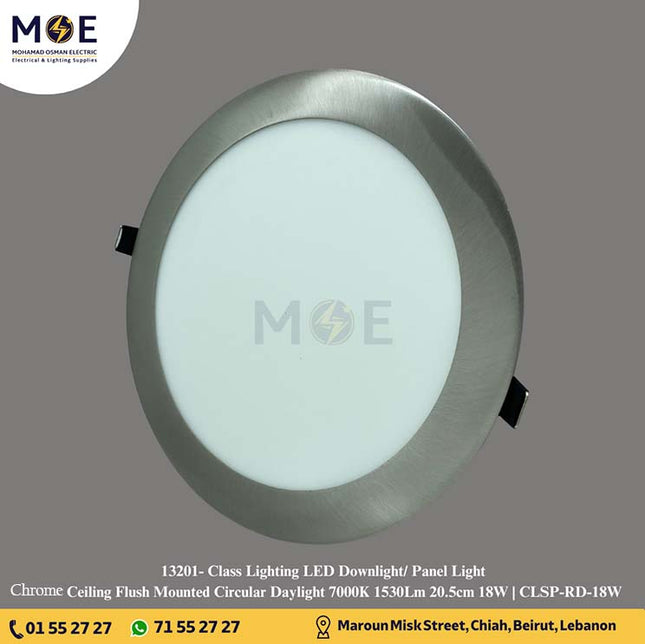Class Lighting LED Downlight/ Panel Light Chrome Ceiling Flush Mounted Circular Daylight 7000K 1530Lm 20.5cm 18W | CLSP-RD-18W