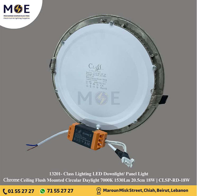 Class Lighting LED Downlight/ Panel Light Chrome Ceiling Flush Mounted Circular Daylight 7000K 1530Lm 20.5cm 18W | CLSP-RD-18W