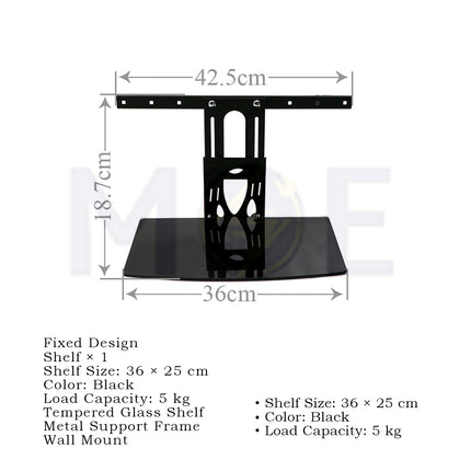 DVD stand Wall Mount Fixed Single Glass Shelf Max Load 5Kg 360x250mm  EKT102 - حامل دي في دي حائطي مع رف زجاجي 