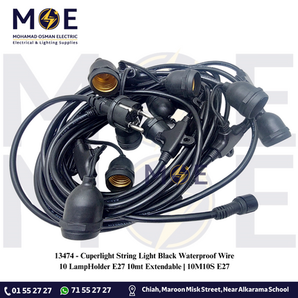 Cuperlight String Light Black Waterproof Wire 10 LampHolder E27 10mt Extendable | 10M10S E27