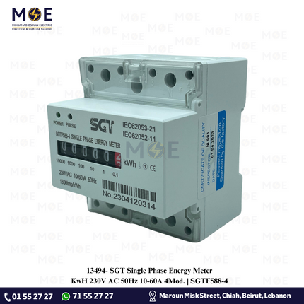 SGT Single Phase Energy Meter KwH 230V AC 50Hz 10-60A 4Mod. | SGTF588-4