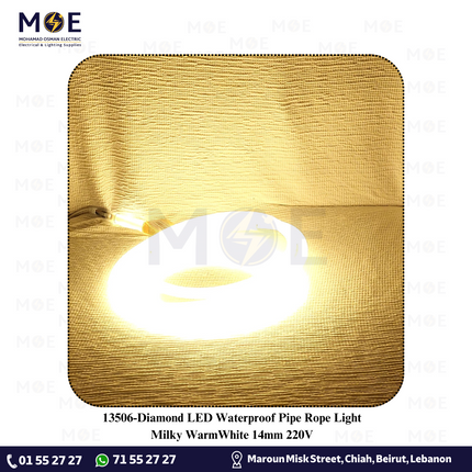 Diamond LED Waterproof Pipe Rope Light Milky WarmWhite 14mm 220V