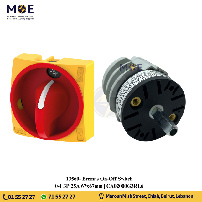Bremas On-Off Switch 0-1 3P 25A 67x67mm | CA02000G3RL6 | مفتاح سلفرتور