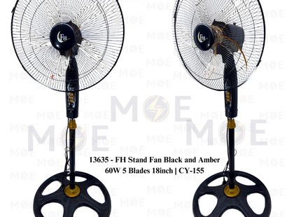FH Stand Fan Black and Amber 60W 5 Blades 18inch | CY-155 | مروحة عامودفراشات زوبعة اسود