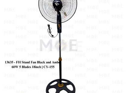 FH Stand Fan Black and Amber 60W 5 Blades 18inch | CY-155 | مروحة عامودفراشات زوبعة اسود