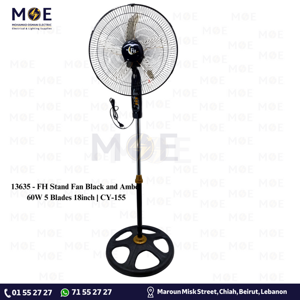 FH Stand Fan Black and Amber 60W 5 Blades 18inch | CY-155 مروحة ستاند عامود زوبعة اف اتش اسود عسلي 60 وات 5 شفرات18 انش