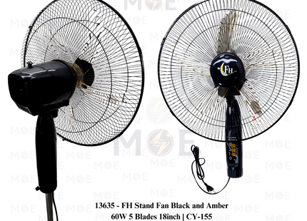 FH Stand Fan Black and Amber 60W 5 Blades 18inch | CY-155 | مروحة عامودفراشات زوبعة اسود
