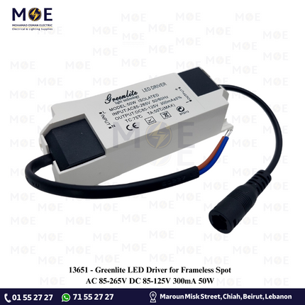 Greenlite LED Driver for Frameless Spot AC 85-265V DC 85-125V 300mA 50W