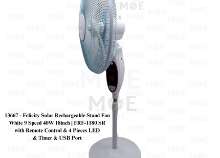 Felicity Solar Rechargeable Stand Fan with Remote Control & 4 Pieces LED & Timer & USB Port White 9 Speed 40W 18inch | FRF-1180 SR | مروحة عامود تشريج مع ضوء ليد خمس فراشات ابيض