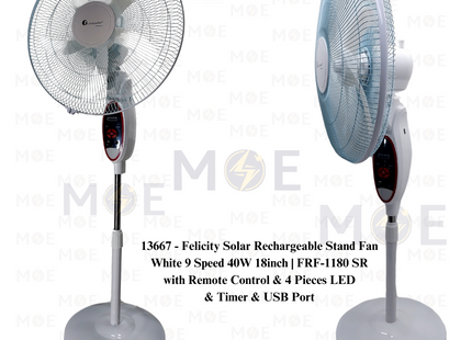 Felicity Solar Rechargeable Stand Fan with Remote Control & 4 Pieces LED & Timer & USB Port White 9 Speed 40W 18inch | FRF-1180 SR | مروحة عامود تشريج مع ضوء ليد خمس فراشات ابيض