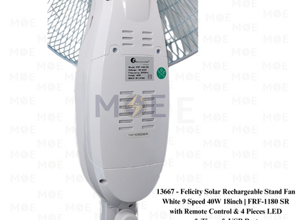 Felicity Solar Rechargeable Stand Fan with Remote Control & 4 Pieces LED & Timer & USB Port White 9 Speed 40W 18inch | FRF-1180 SR | مروحة عامود تشريج مع ضوء ليد خمس فراشات ابيض
