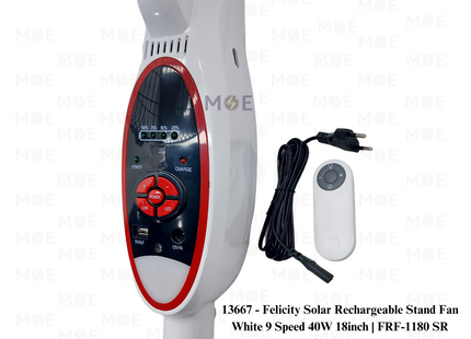 Felicity Solar Rechargeable Stand Fan with Remote Control & 4 Pieces LED & Timer & USB Port White 9 Speed 40W 18inch | FRF-1180 SR | مروحة عامود تشريج مع ضوء ليد خمس فراشات ابيض
