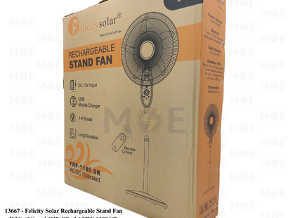 Felicity Solar Rechargeable Stand Fan with Remote Control & 4 Pieces LED & Timer & USB Port White 9 Speed 40W 18inch | FRF-1180 SR | مروحة عامود تشريج مع ضوء ليد خمس فراشات ابيض