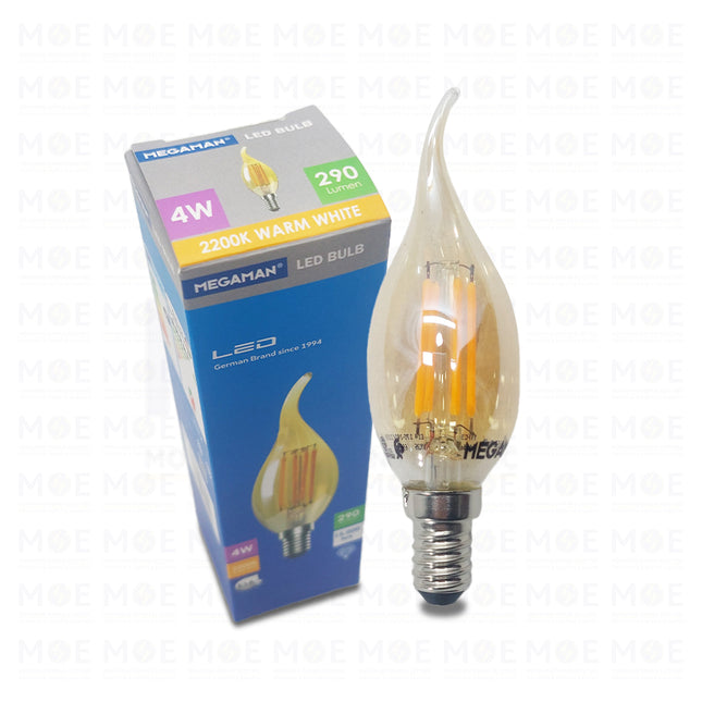 Megaman FC35 LED Lamp Amber Filament Candle Tail WarmWhite 2200K E14 4W 290Lm | YTFC35 | لمبة ليد برم سن رفيع فيلامنت شمعة دنب عسلي ورم وايت
