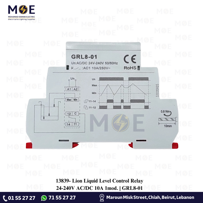 Lion Liquid Level Control Relay 24-240V AC/DC 10A 1mod. | GRL8-01