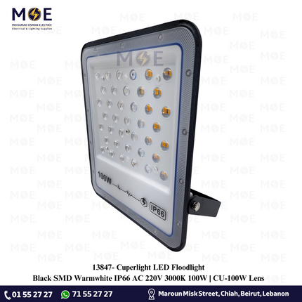 Cuperlight LED Floodlight Black SMD Warmwhite IP66 AC 220V 3000K 100W | CU-100W Lens