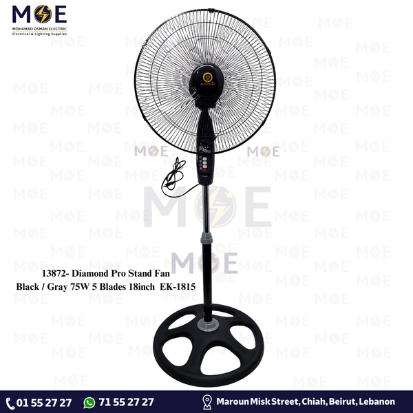 Diamond Pro Stand Fan Black / Gray 75W 5 Blades 18inch | EK-1815 مروحة ستاند عامود دايموند برو أسود / رمادي 75 وات 5 شفرات 18 انش| إي كيه-1815