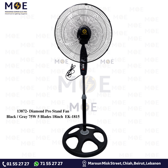 Diamond Pro Stand Fan Black / Gray 75W 5 Blades 18inch | EK-1815 | مروحة عامودفراشات زوبعة اسود