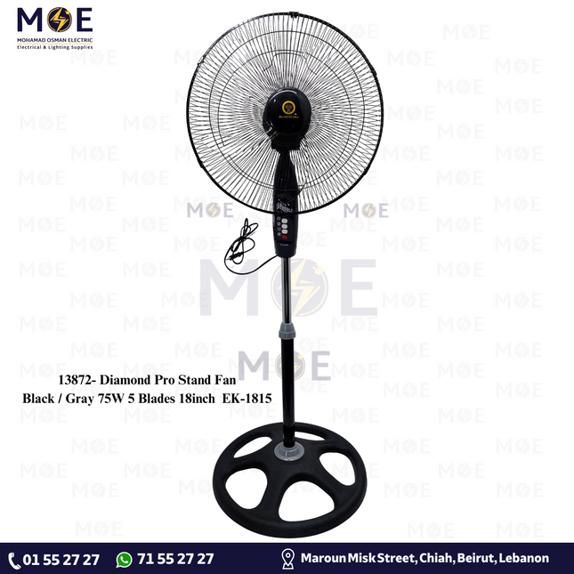 Diamond Pro Stand Fan Black / Gray 75W 5 Blades 18inch | EK-1815 مروحة ستاند عامود دايموند برو أسود / رمادي 75 وات 5 شفرات 18 انش| إي كيه-1815