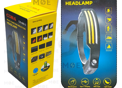 Coba Multi Function USB Rechargeable LED Induction Headlamp XPE+COB 10 Modes | 689-3 | انتريك راس ليد تشريج مع سنسور