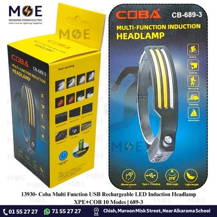 Coba Multi Function USB Rechargeable LED Induction Headlamp XPE+COB 10 Modes | 689-3