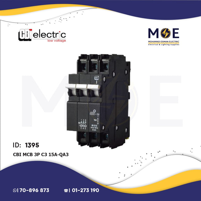 CBI MCB 3P 3kA C3 15A | QA3 | Black | دجنتور كهرباء ثلاثة فاز اسود