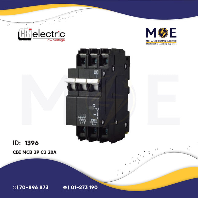CBI MCB 3P 3kA C3 20A | QAL38329 | Black | دجنتور كهرباء ثلاثة فاز اسود