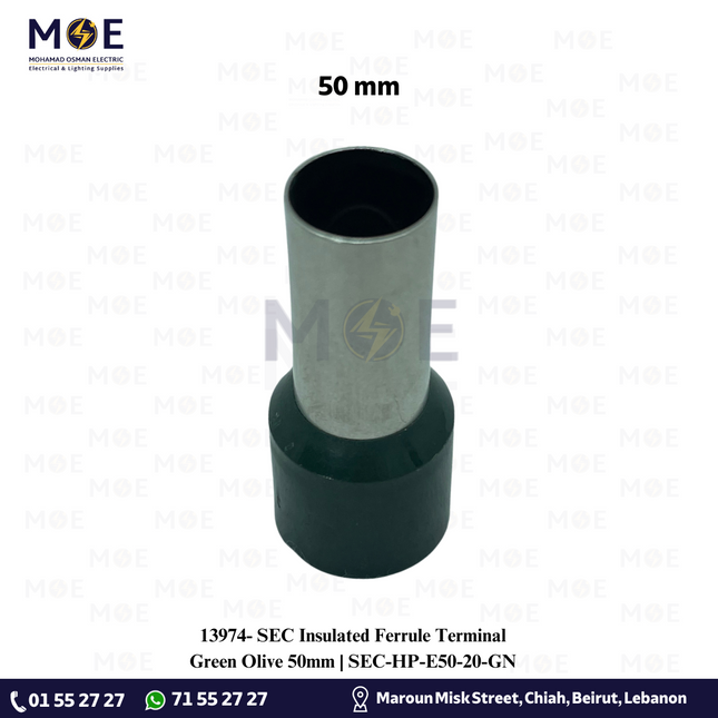 SEC Insulated Ferrule Terminal Green Olive 50mm | SEC-HP-E50-20-GN