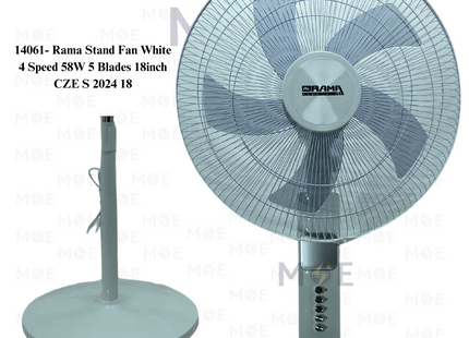 Rama Stand Fan White 4 Speed 58W 5 Blades 18inch | CZE S 2024 | مروحة عامودفراشات ابيض