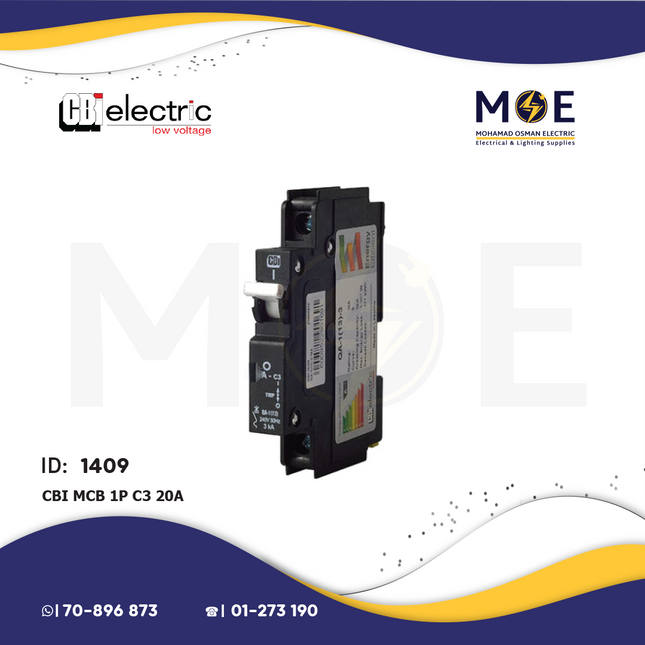CBI MCB 1P 3kA C3 20A | QAL18320 | Black | دجنتور اشتراك كهرباء مفرد اسود