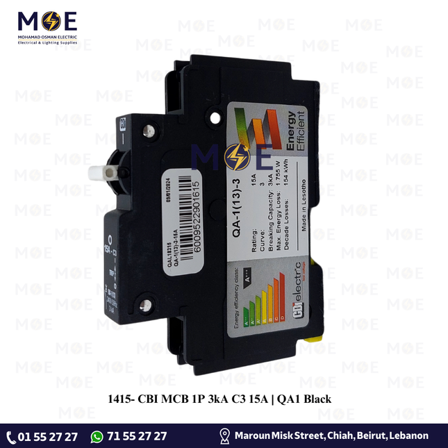 CBI MCB 1P 3kA C3 15A Black | QA1 | دجنتور اشتراك كهرباء مفرد اسود